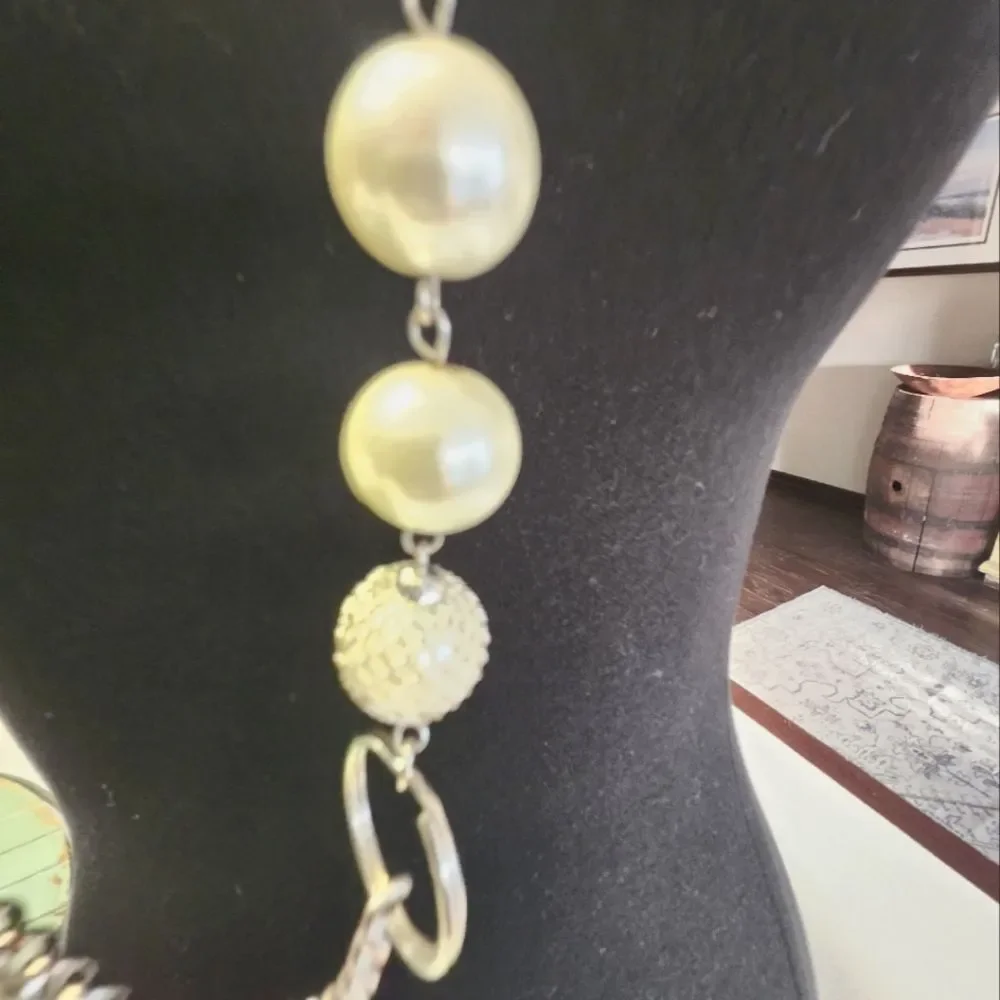 Silver Toned Long Necklace, Faux Pearls &  Clear Gemstones, 20